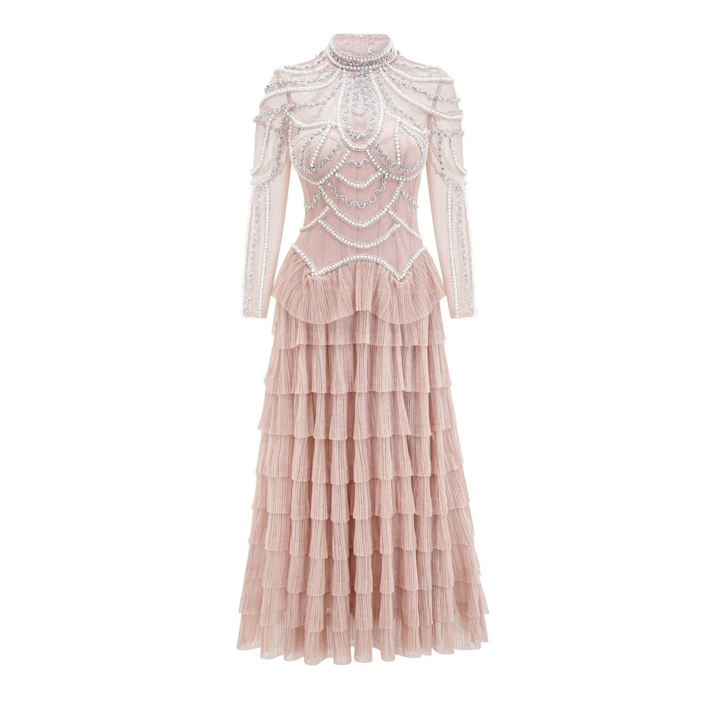 Women's black or pink evening dress with beaded decoration long sleeves floor length skirt
