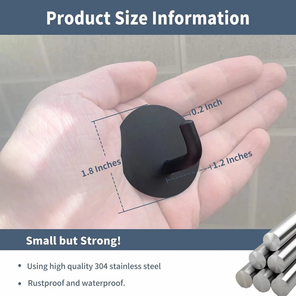 Black and polished stainless steel self-adhesive round hooks for bathroom and kitchen.
