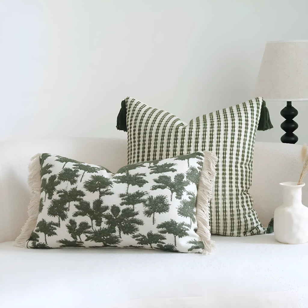 Silent Wind green cotton linen hotel pillow with striped botanical pattern and tassel trim in multiple size options