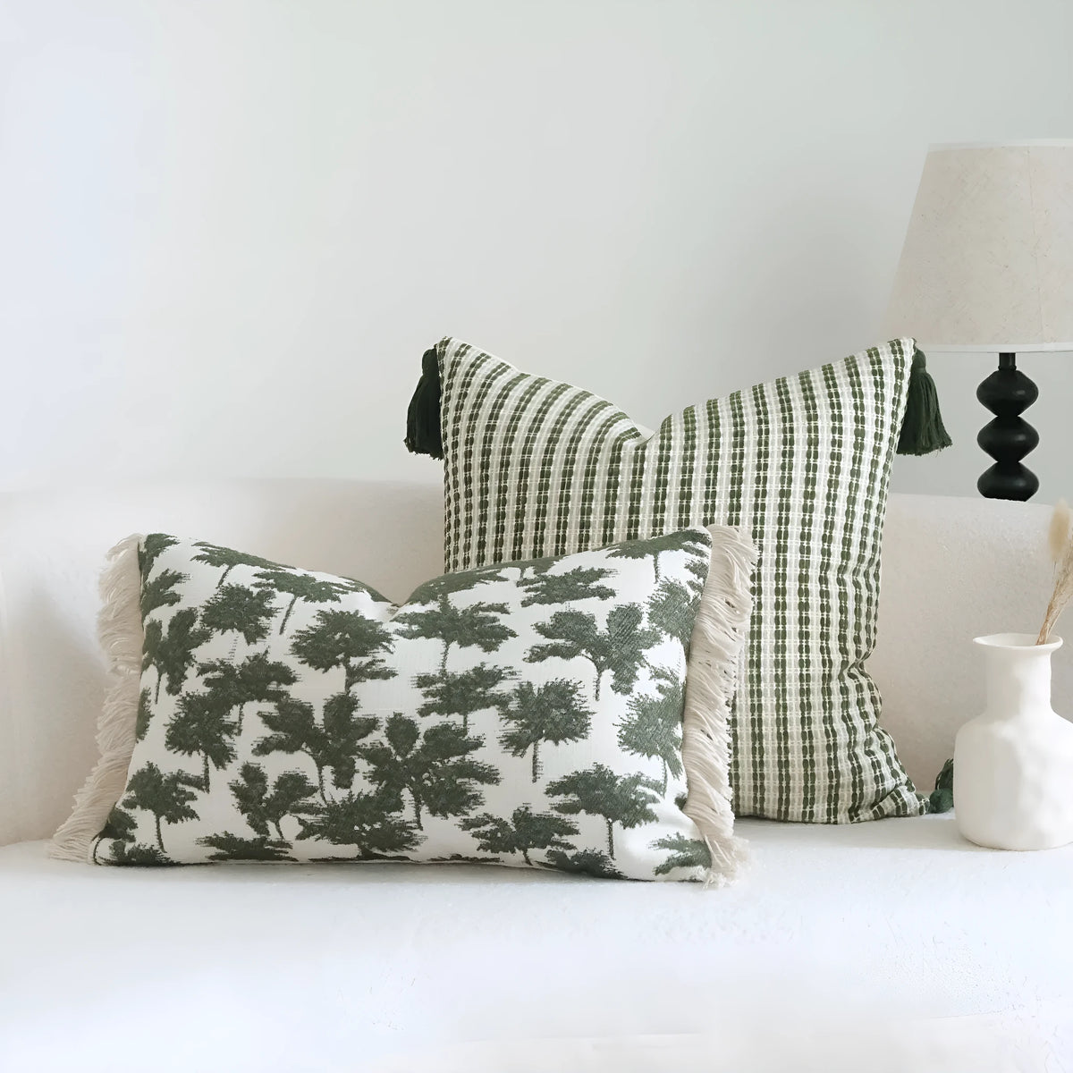 Silent Wind green cotton linen hotel pillow with striped botanical pattern and tassel trim in multiple size options