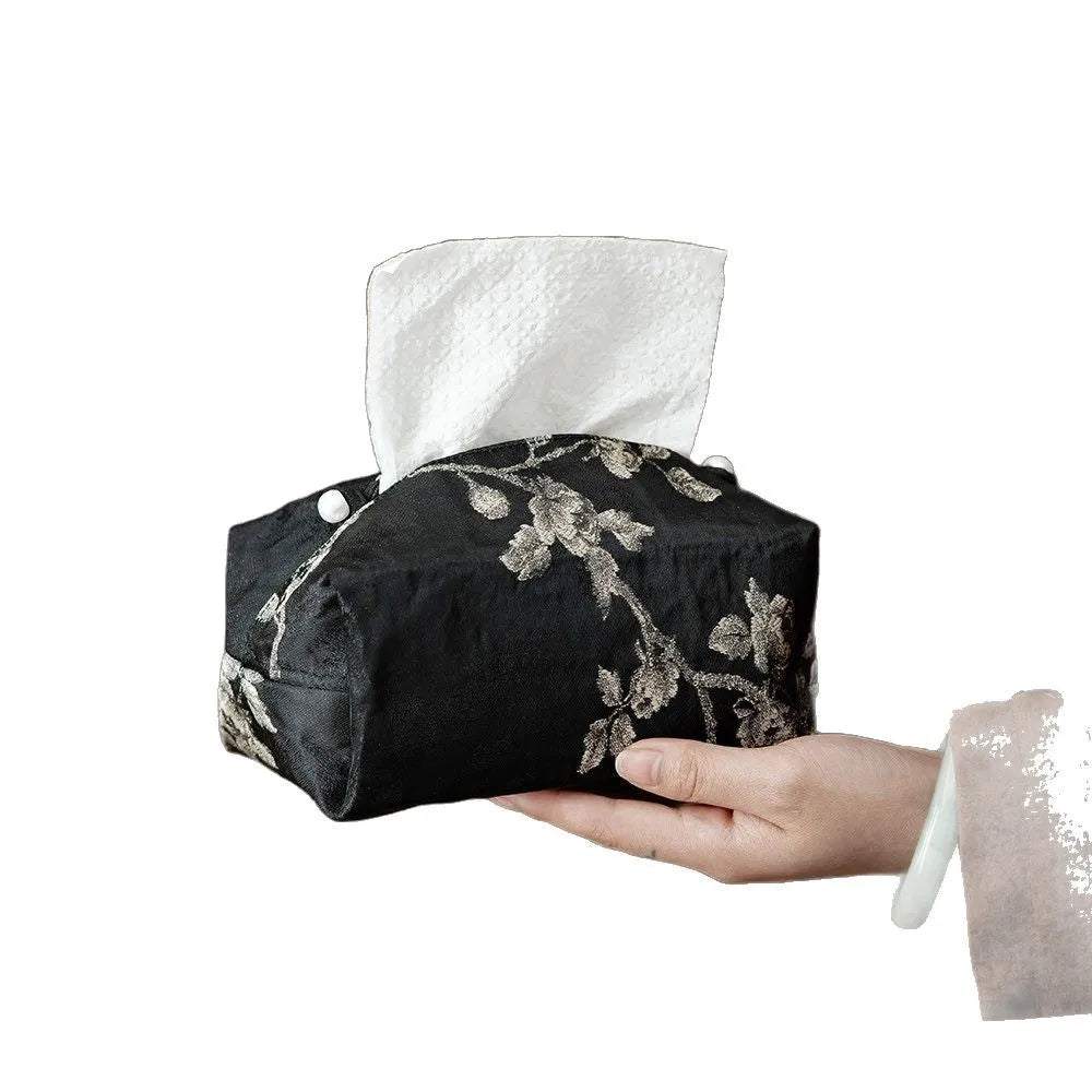 White plum embroidered Chinese brocade fabric tissue box cover with optional pearl buckle