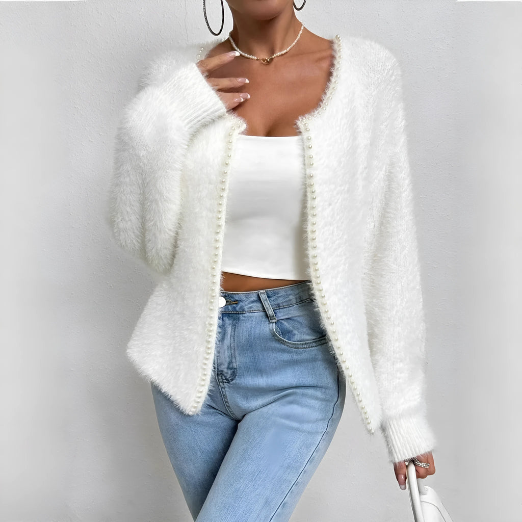 White women's cardigan with V-neck and bead detailing on polyester knit fabric