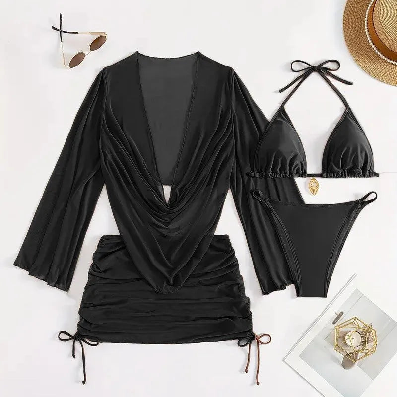 Women's lace-up backless bikini swimsuit in dark brown or black nylon with spandex lining
