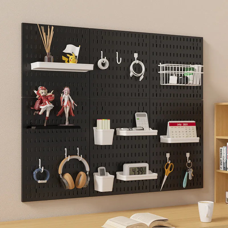 White punch-free storage rack with wire-wrap board organisation system mounted on wall