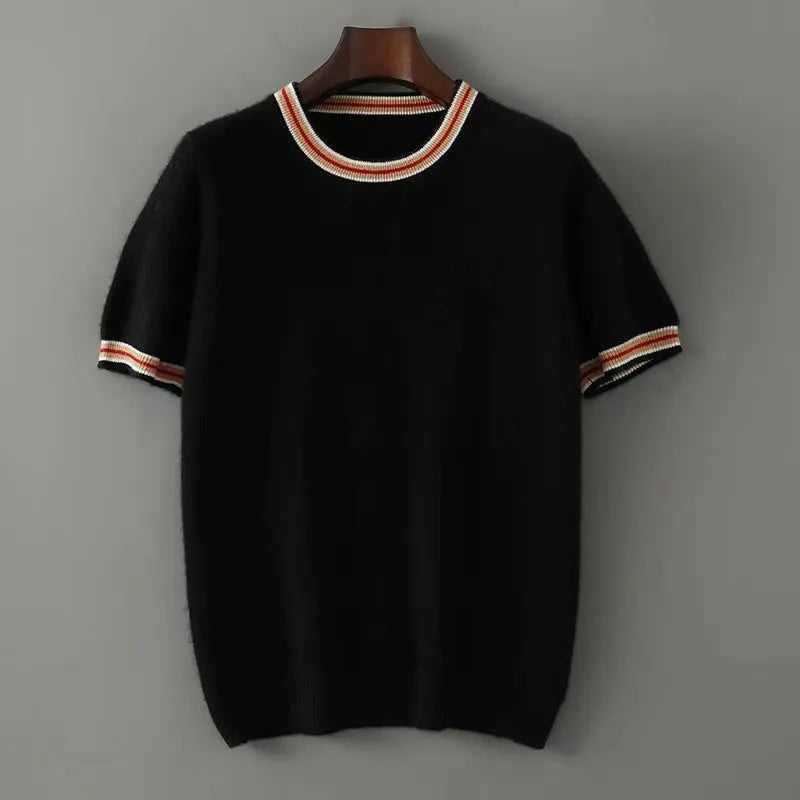 Men's grey short sleeve round neck wool sweater laid flat