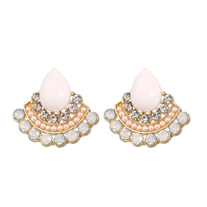 Women's silver retro fan-shaped earrings with opal centre and rhinestone detailing on geometric design