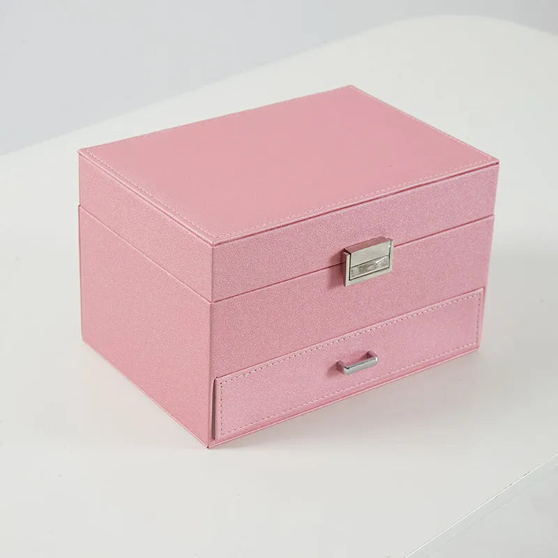 Hard rectangular PU leather jewellery storage box in a choice of black, pink, rose gold, or beige.
