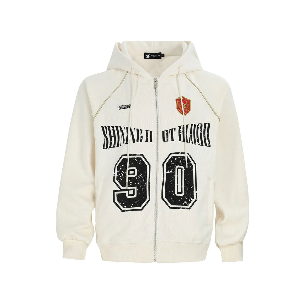 Women's loose American retro style hooded cardigan jacket with letter embroidery in cotton blend fabric