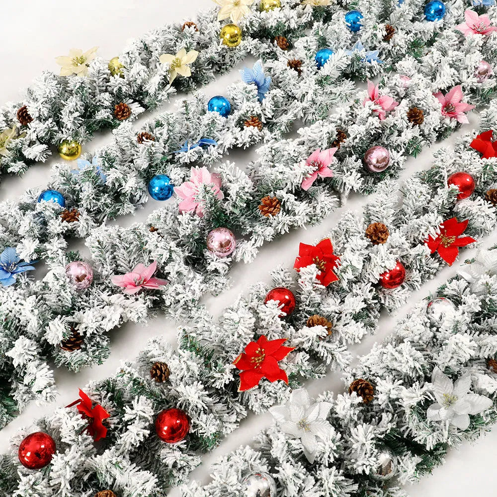 240cm Christmas rattan garland with flocking texture in golden colour option