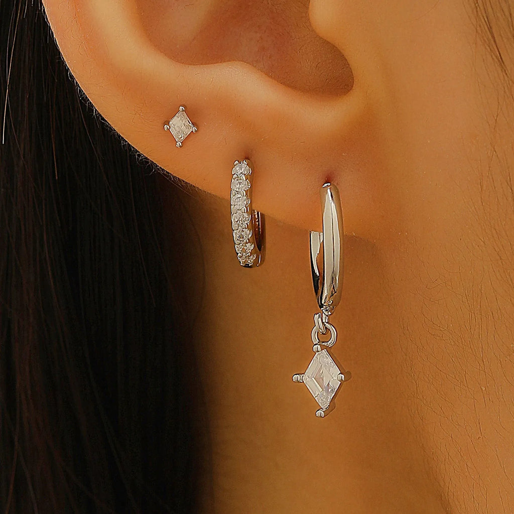 Ladies three-piece geometric earring set with zircon stones in gold and silver colour options