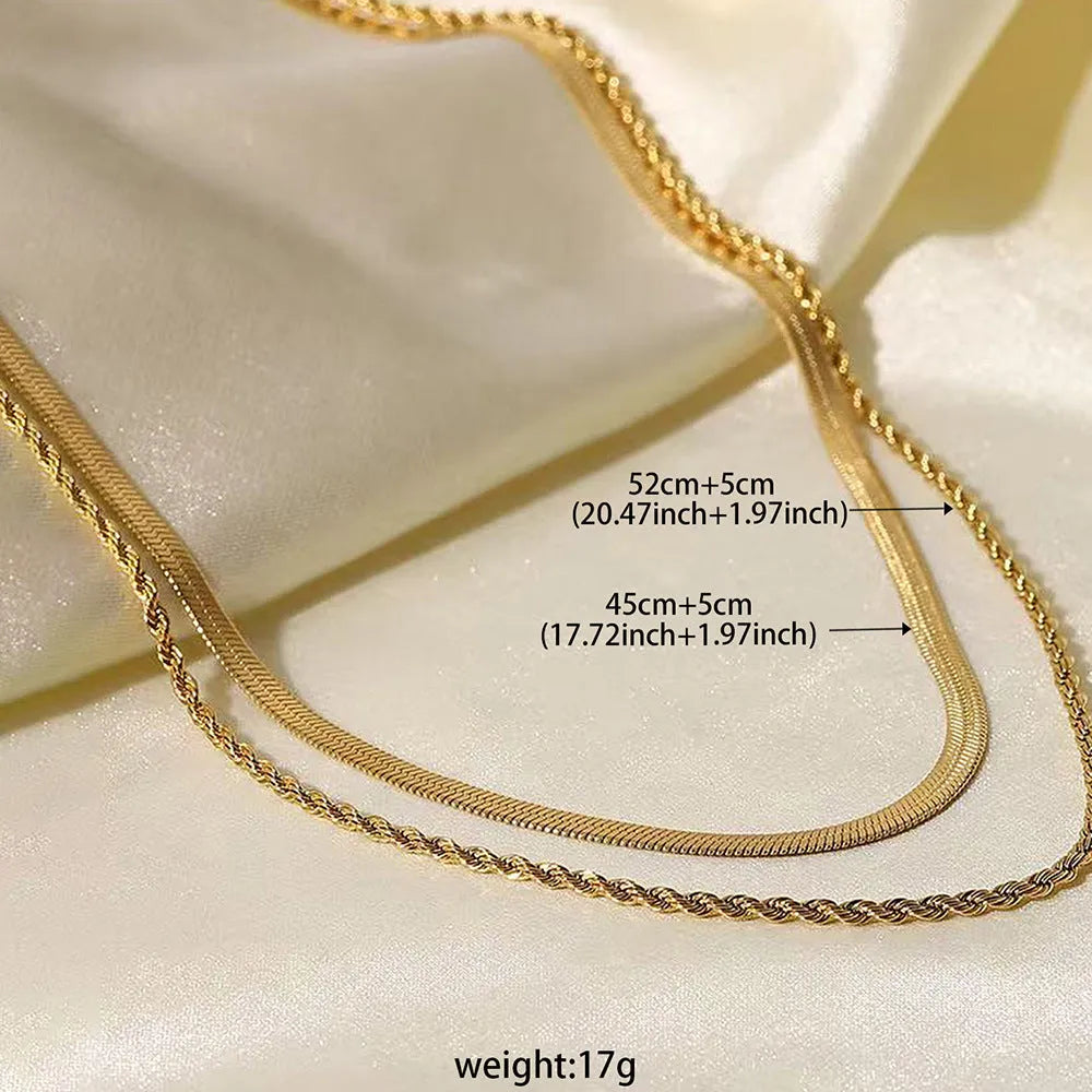 Women's adjustable double-layer twist necklace with geometric titanium steel pendant on snake bones chain