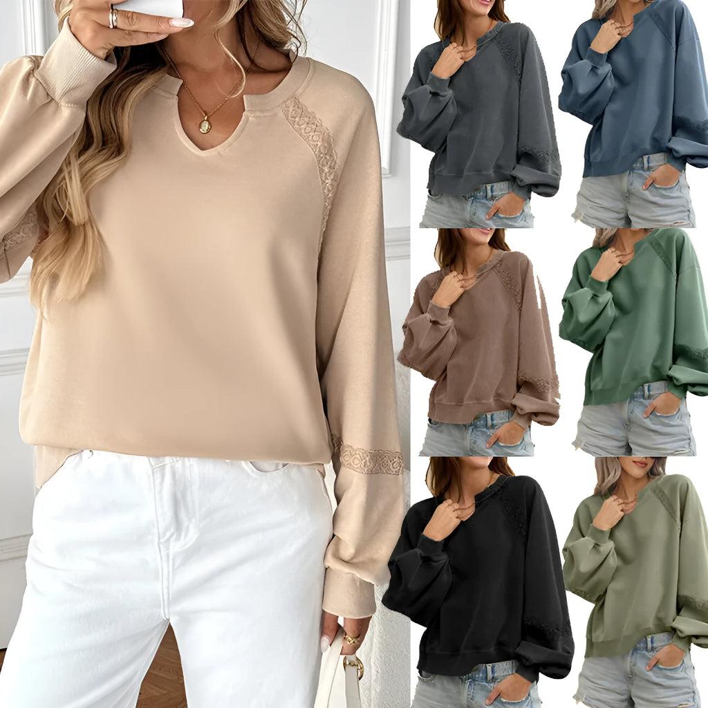 Women's solid colour loose fit long sleeve sweater with a half-open collar and lace stitching detail.