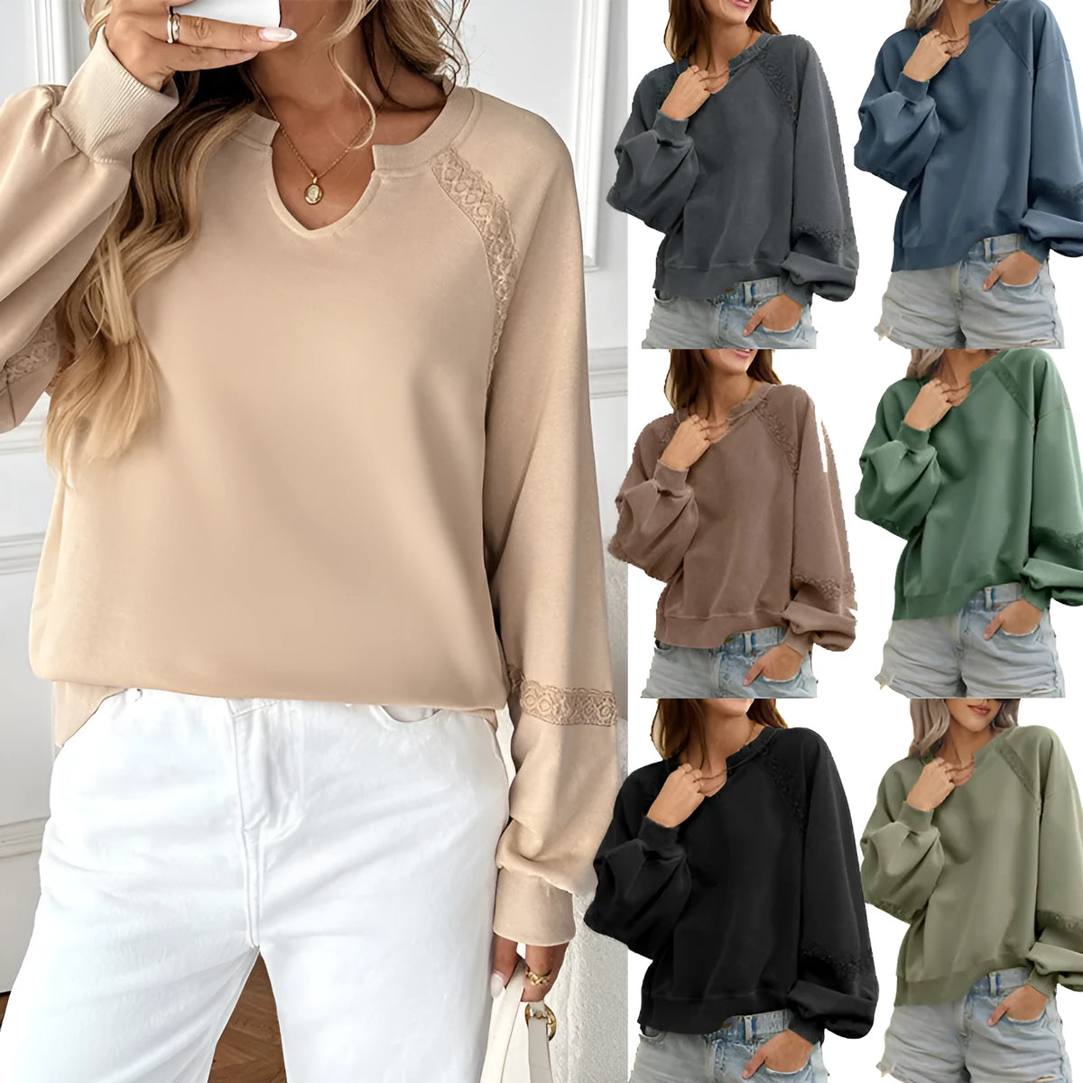 Women's solid colour loose fit long sleeve sweater with a half-open collar and lace stitching detail.