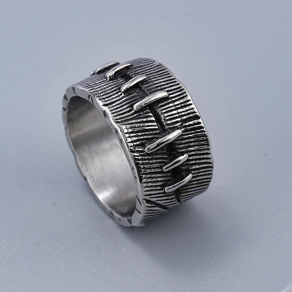 Geometric titanium steel double ring with stitched detail in dark retro colour