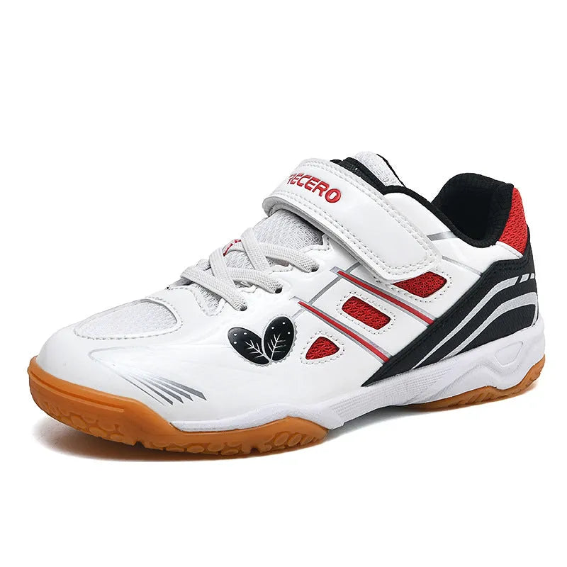 White and blue badminton shoes with ribbed PVC soles and low-top wedge heel design