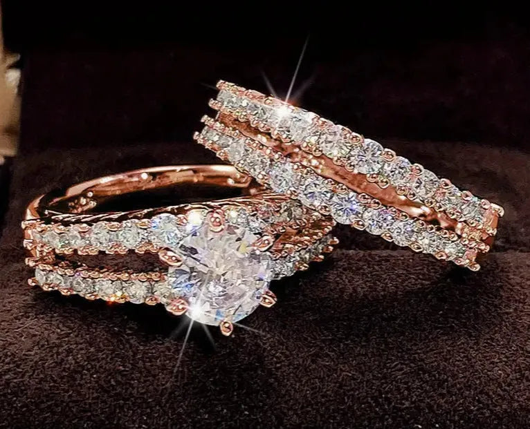2 in 1 fashion female ring set in alloy with diamond treatment showing silver gold rose gold colours