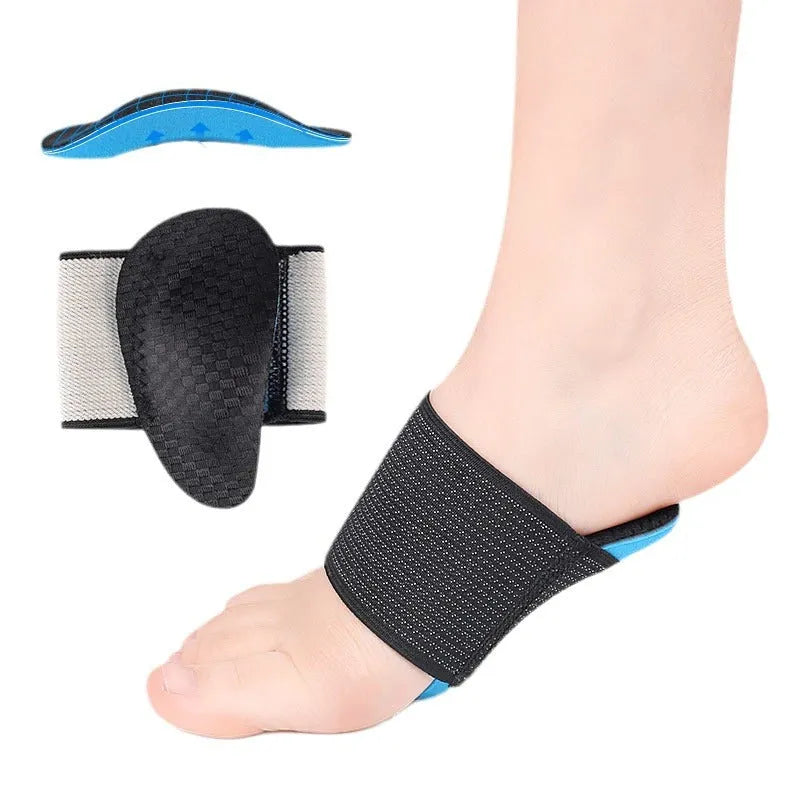 Blue elastic bandage arch support foot pads for adults and children on a white background