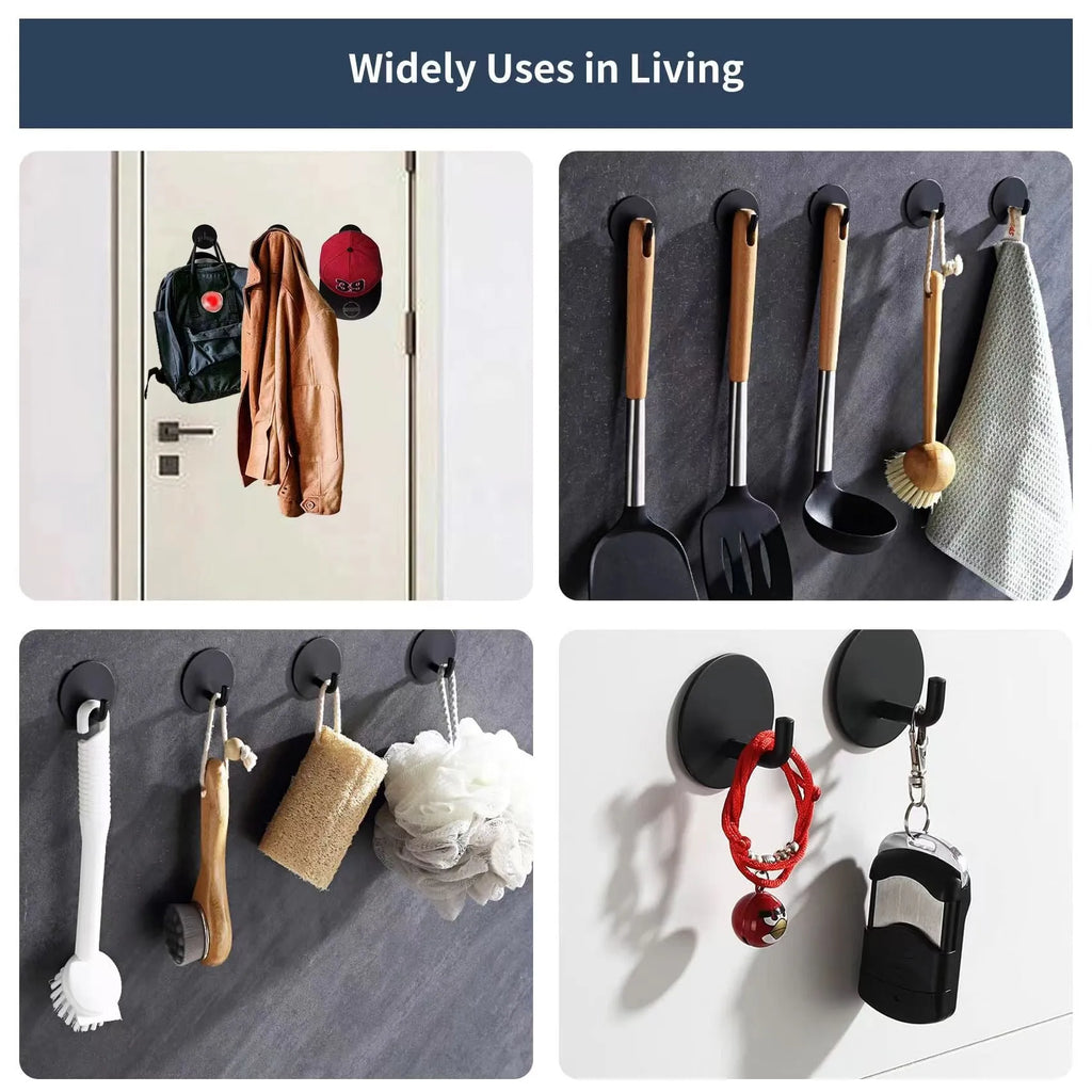 Black and polished stainless steel self-adhesive round hooks for bathroom and kitchen.