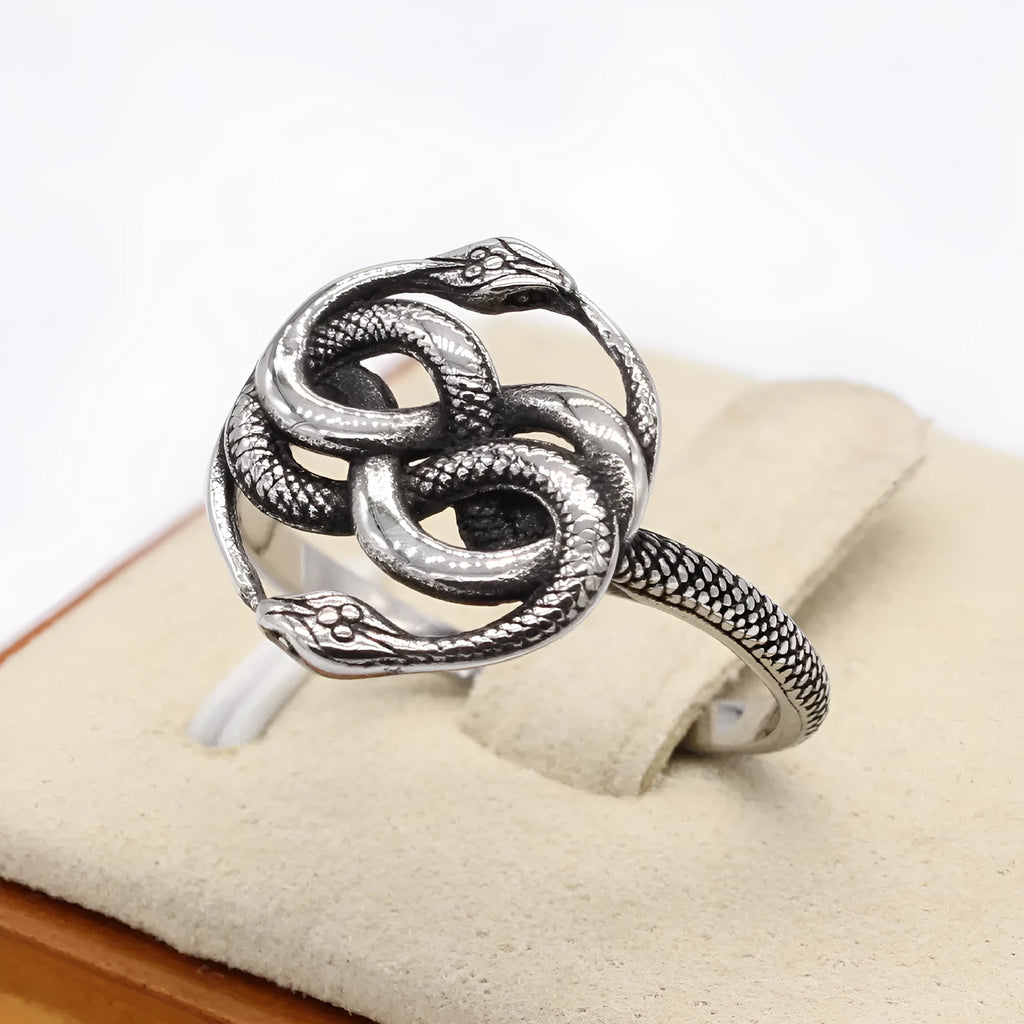 Close-up of a titanium steel ring featuring a detailed double snake design in a steel colour finish.