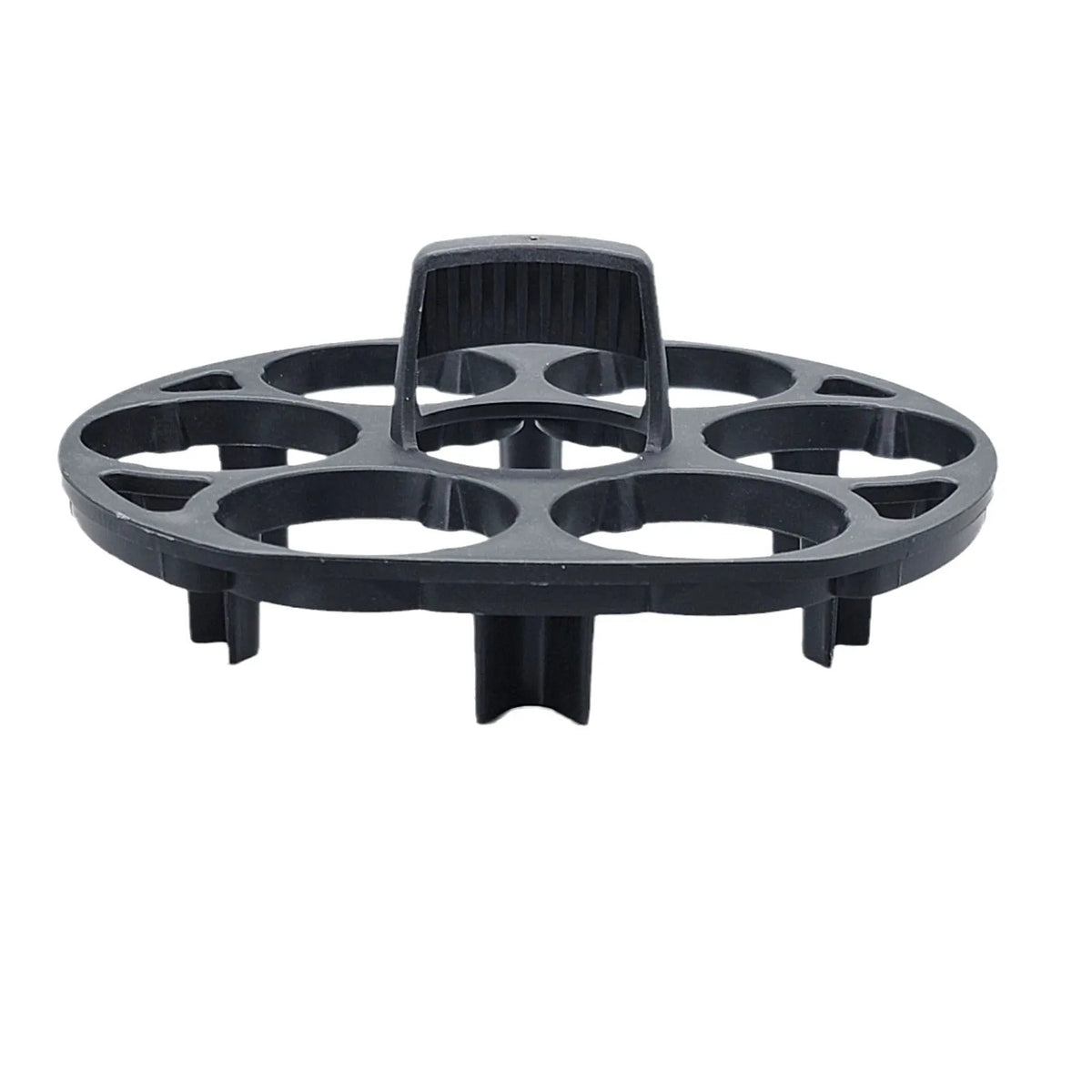Black modern plastic egg holder rack for cooking machines, dimensions 13.8cm wide by 12.6cm deep.