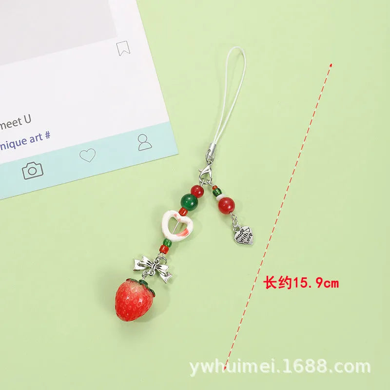 Plastic resin fruit personality mobile phone keychain with apple or strawberry designs