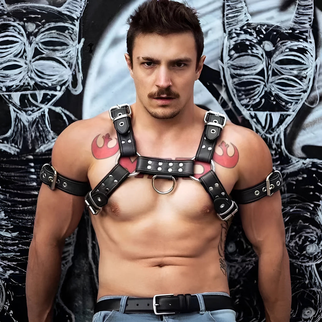 Black leather chest bondage strap with metal buckle for adjustable muscle harness costumes
