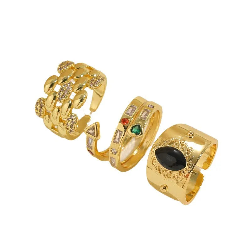 Geometric Chinese style vintage ring with electroplated black finish and zircon accents on copper base