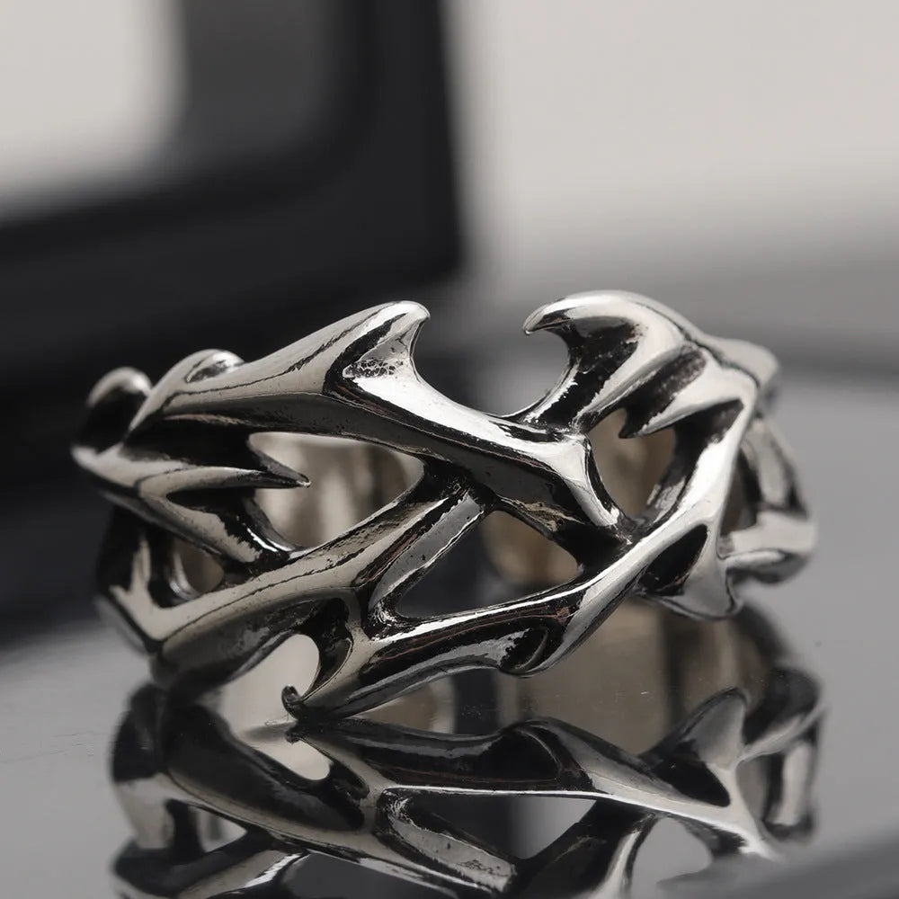 Copper men's thorn flower ring with geometric floral patterns and adjustable opening