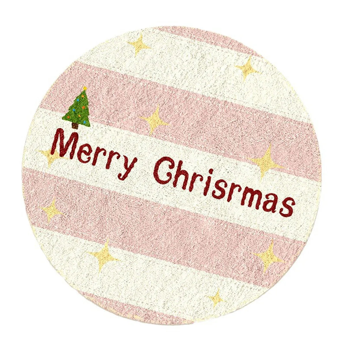 Round Christmas carpet with imitation cashmere material in festive colour design on wooden floor