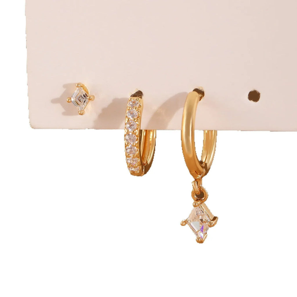 Ladies three-piece geometric earring set with zircon stones in gold and silver colour options