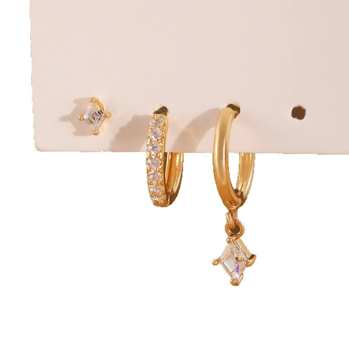 Ladies three-piece geometric earring set with zircon stones in gold and silver colour options