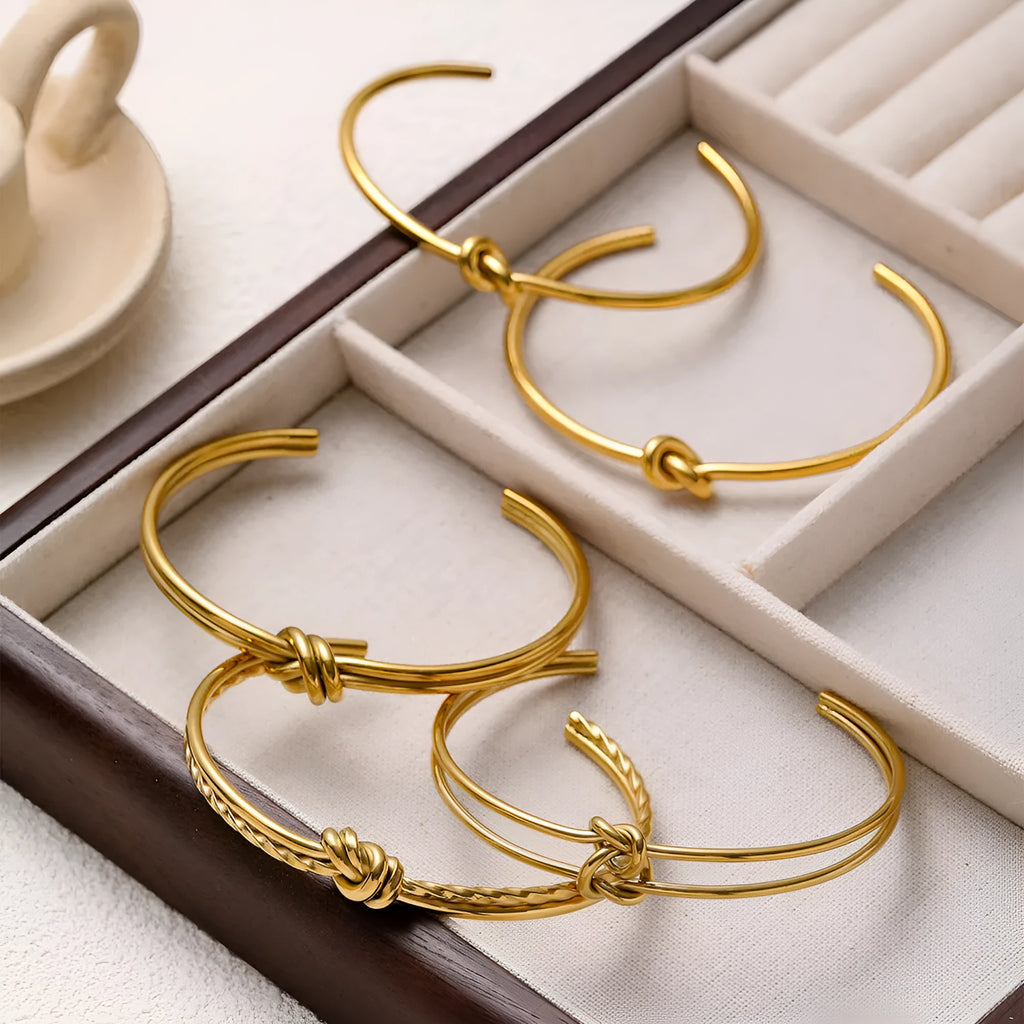 C-shaped open double-layer knotted bracelet in gold or silver plating with adjustable sizing