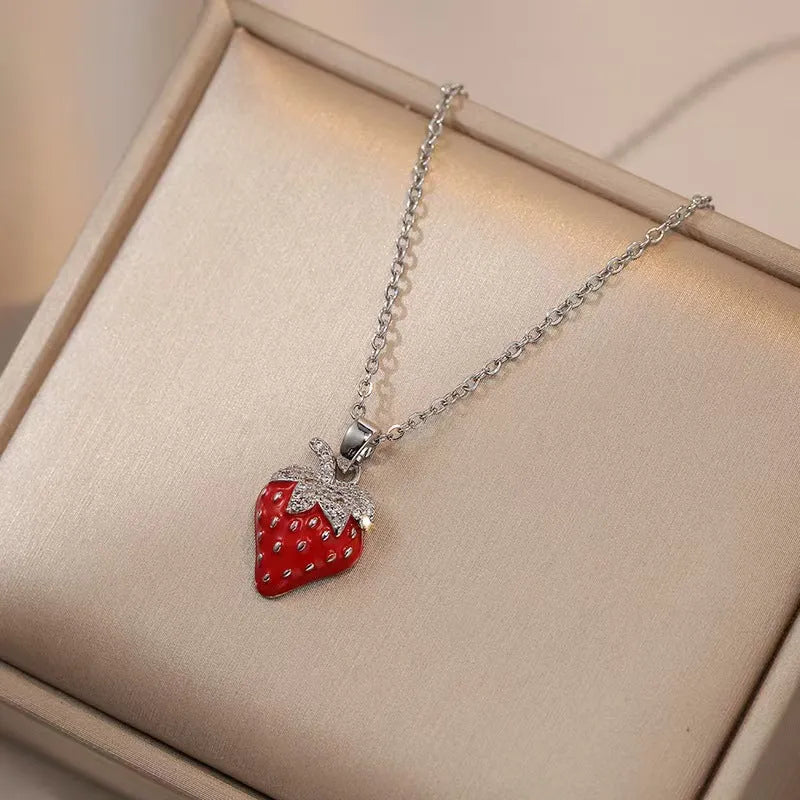 Women's titanium steel necklace with detailed pepper, strawberry and cherry pendants on O-ring chain