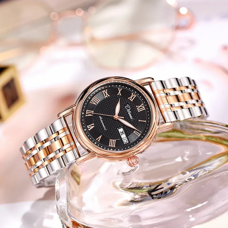 Women's automatic watch with 12mm case on steel bracelet and leather strap options