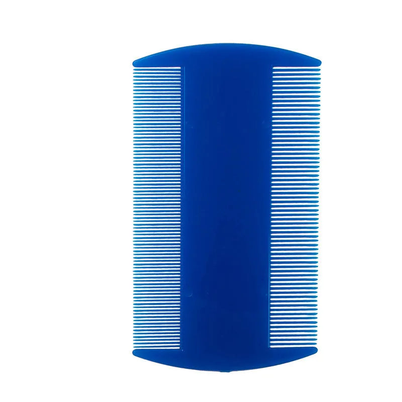 A white plastic double-edged fine-toothed lice comb on a solid colour background.