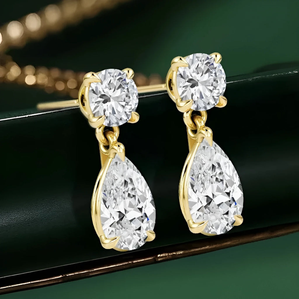 925 sterling silver moissanite stud earrings with round and water drop geometric shapes in gold finish