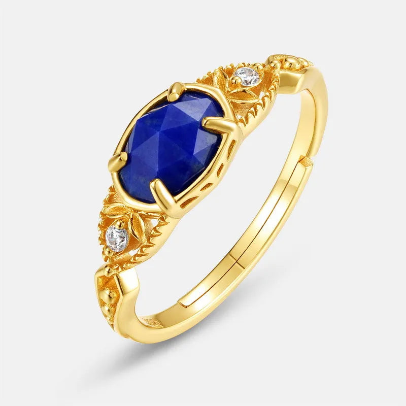 Silver geometric ellipse ring with blue lapis lazuli stone in Japanese style