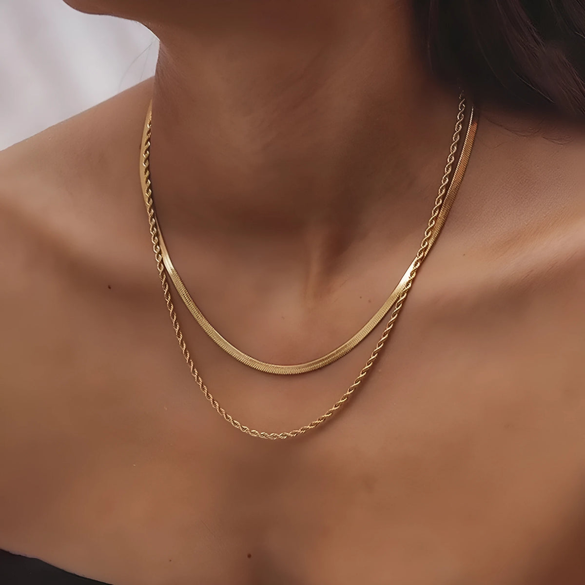 Women's adjustable double-layer twist necklace with geometric titanium steel pendant on snake bones chain