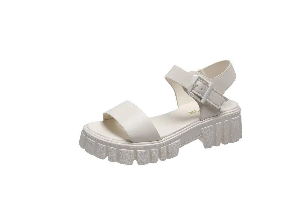 Women's beige peep toe platform sandals with adjustable ankle buckle strap on fish mouth toe design