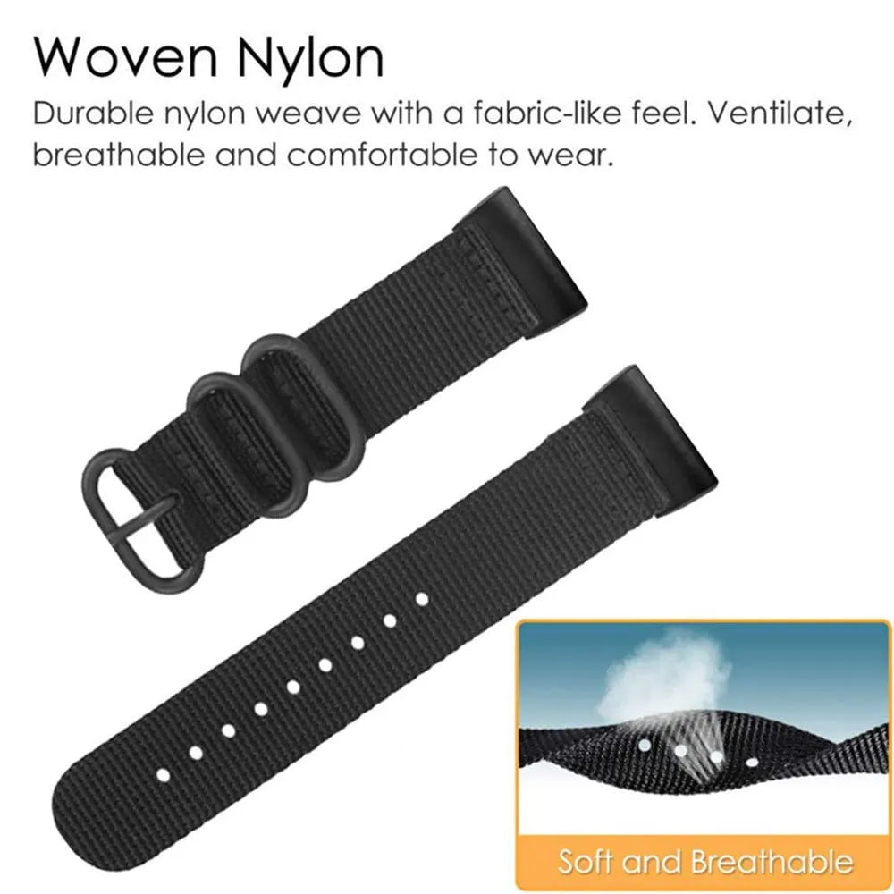 Nylon three-ring buckle replacement strap for Fitbit Charge 2, Charge 3, Charge 4 and Charge 5 fitness trackers.