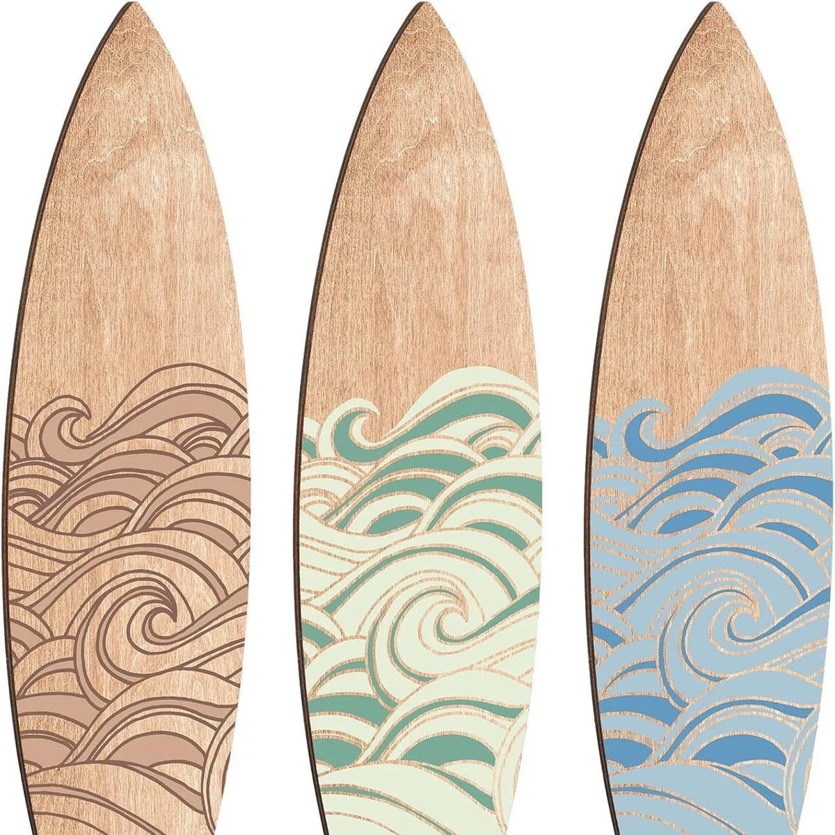 Three wooden surfboard wall decorations in boxwood with European style design