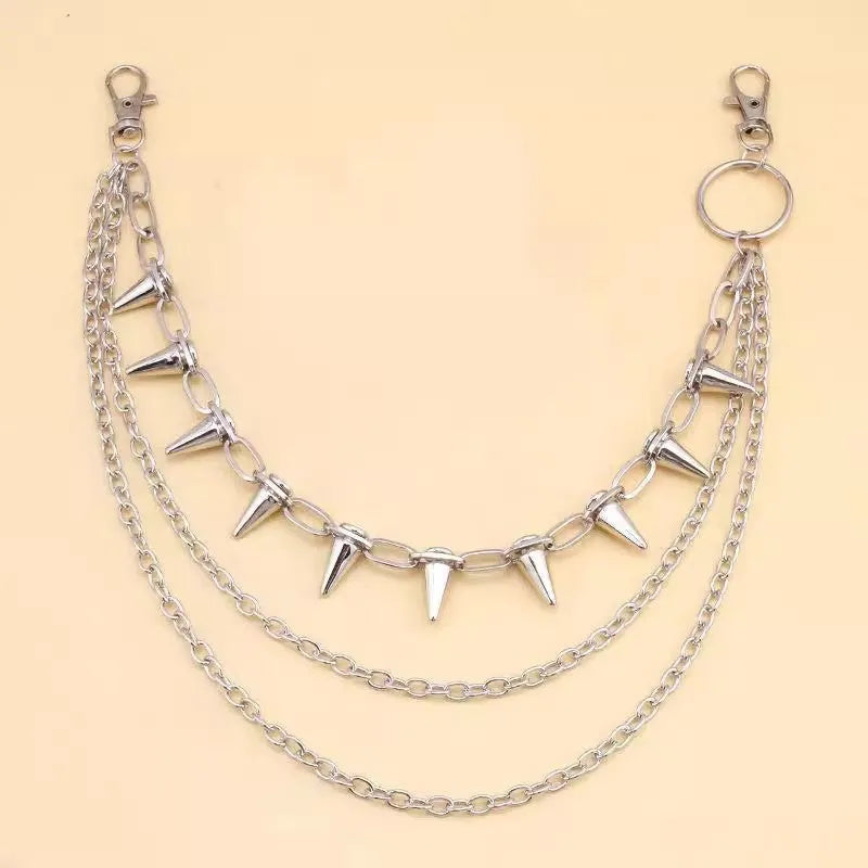 Silver metal double layer trousers chain with zipper and punk rivet details