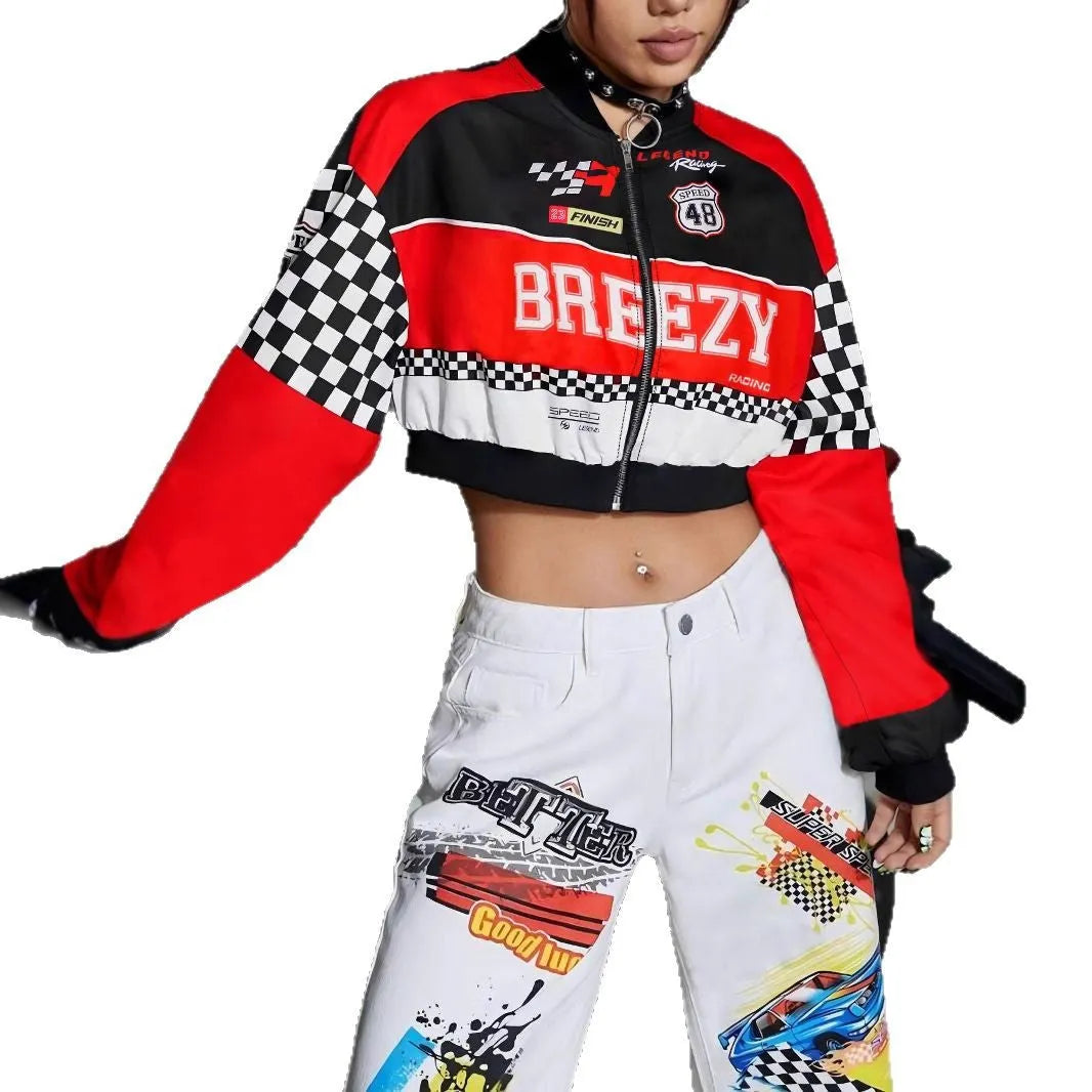 Women's loose fit casual zipper jacket with geometric pattern in rose red colour