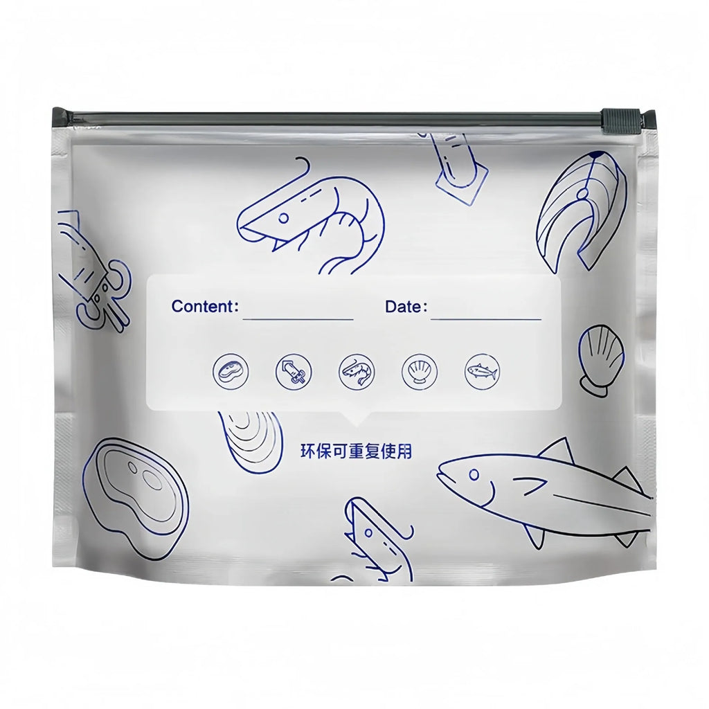 Pack of ten aluminium foil sealed food storage bags in small, medium, and large sizes.