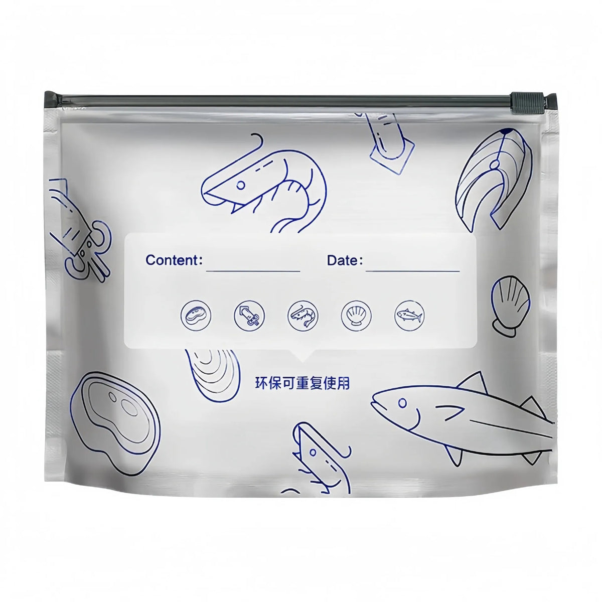 Pack of ten aluminium foil sealed food storage bags in small, medium, and large sizes.