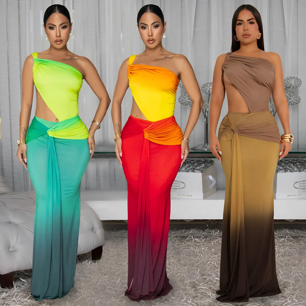 Women's gradient colour long summer dress with cross-shoulder straps and high waist design