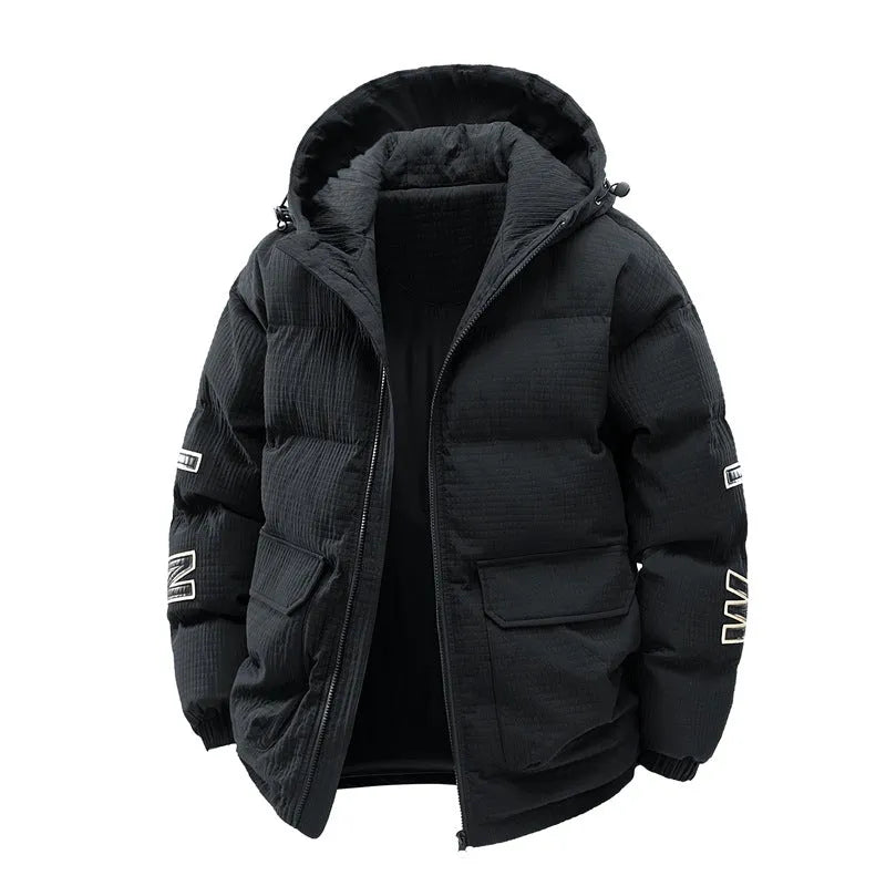 Men's Korean style winter coat with hood and side pockets in black or khaki colours with letter print