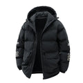Men's Korean style winter coat with hood and side pockets in black or khaki colours with letter print