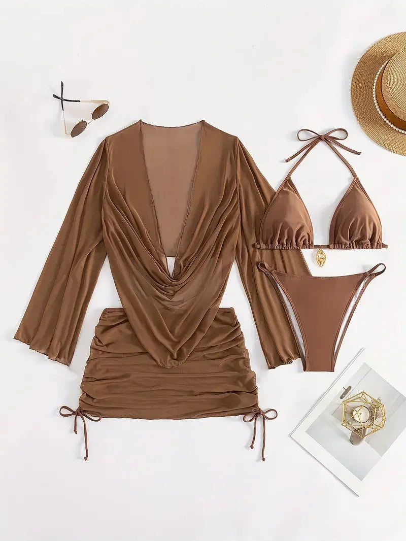 Women's lace-up backless bikini swimsuit in dark brown or black nylon with spandex lining