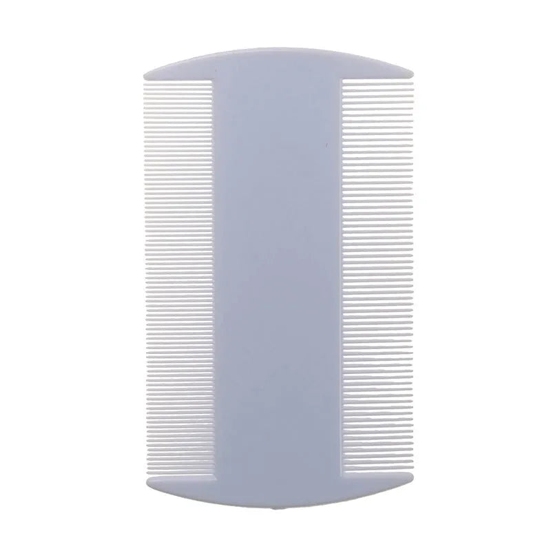 A white plastic double-edged fine-toothed lice comb on a solid colour background.